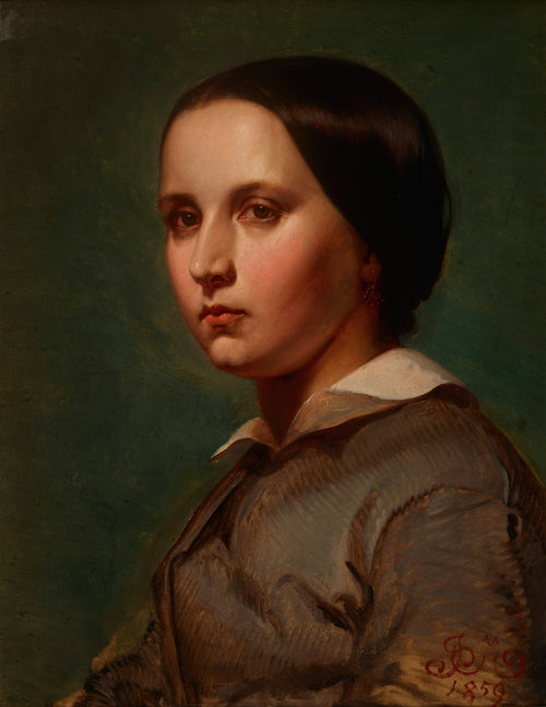 Retrato a óleo de uma jovem mulher com cabelo escuro preso, olhar sereno, vestindo uma blusa cinza com colarinho branco, contra um fundo verde escuro. Assinatura do artista e ano '1859' visíveis no canto inferior direito.