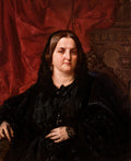 Retrato de uma senhora idosa com vestes escuras e véu preto, sentada, com fundo em tecido vermelho, assinado por Jan Matejko em 1882.