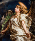 Pintura de um anjo querubim com asas e halo dourado, olhando para cima, segurando uma folha verde, em tons de bege, marrom e azul escuro.