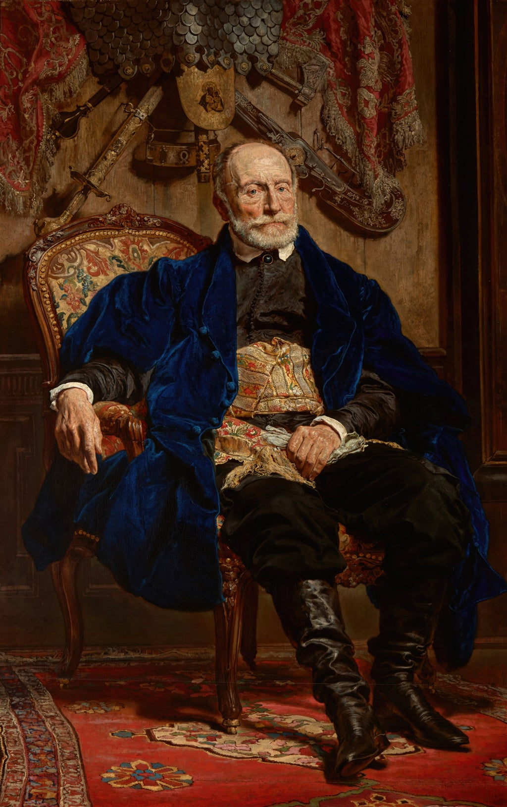 Retrato de um homem idoso com barba branca, vestindo um manto azul-royal e botas de couro, sentado em uma poltrona ornamentada, com armaduras e tecidos ricos ao fundo. Obra de Jan Matejko.