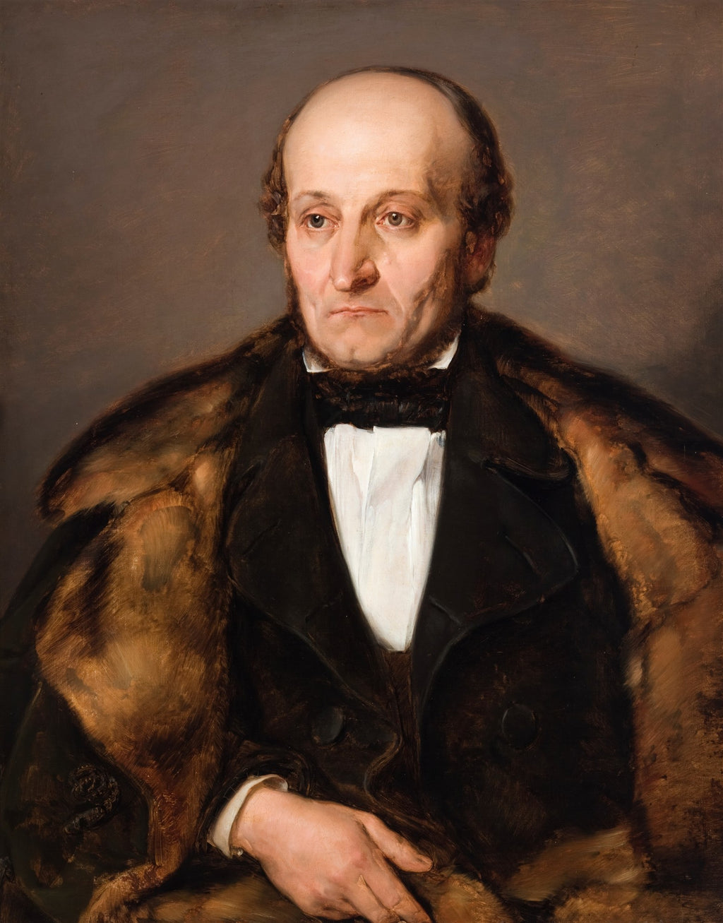Retrato a óleo de um homem de meia-idade, careca, com olhar sério e vestindo casaco de pele e camisa branca. Atribuído a Jan Matejko.