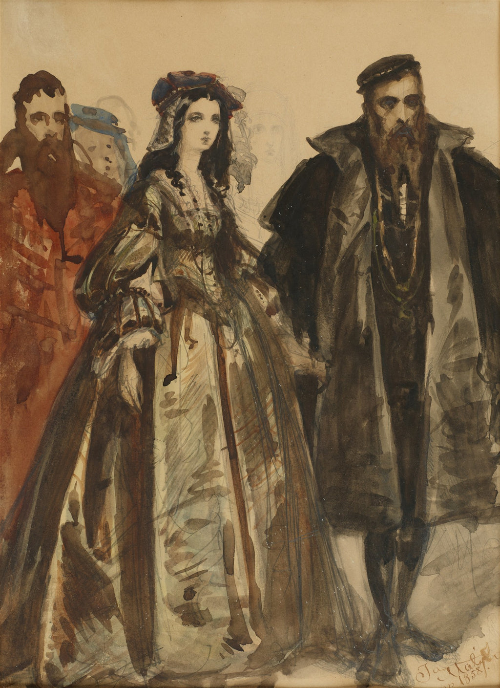 Pintura em aquarela e grafite de Jan Matejko mostrando três figuras históricas, com uma mulher elegante em destaque e dois homens com barbas, em tons terrosos e escuros.