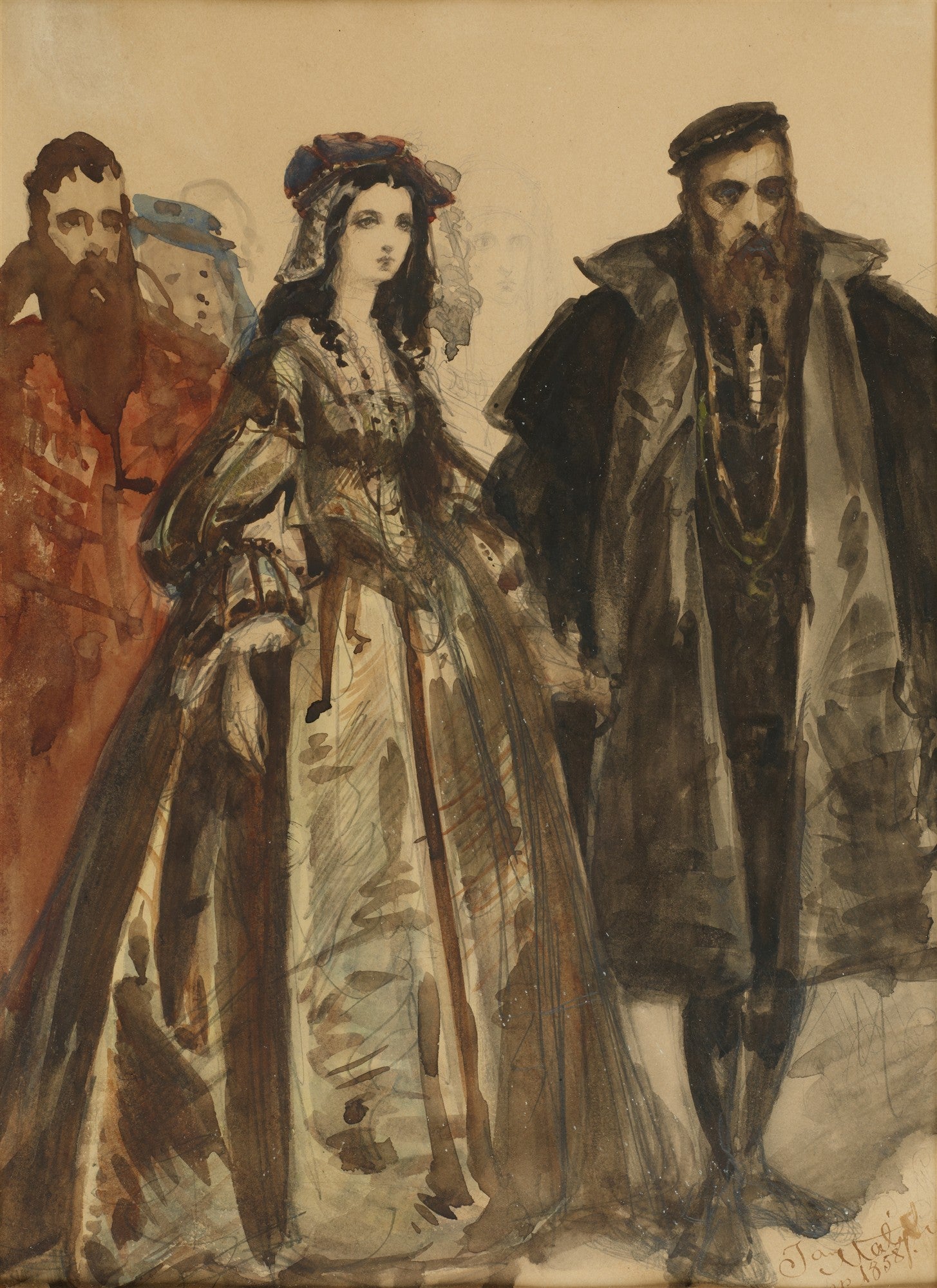 Pintura em aquarela e grafite de Jan Matejko mostrando três figuras históricas, com uma mulher elegante em destaque e dois homens com barbas, em tons terrosos e escuros.