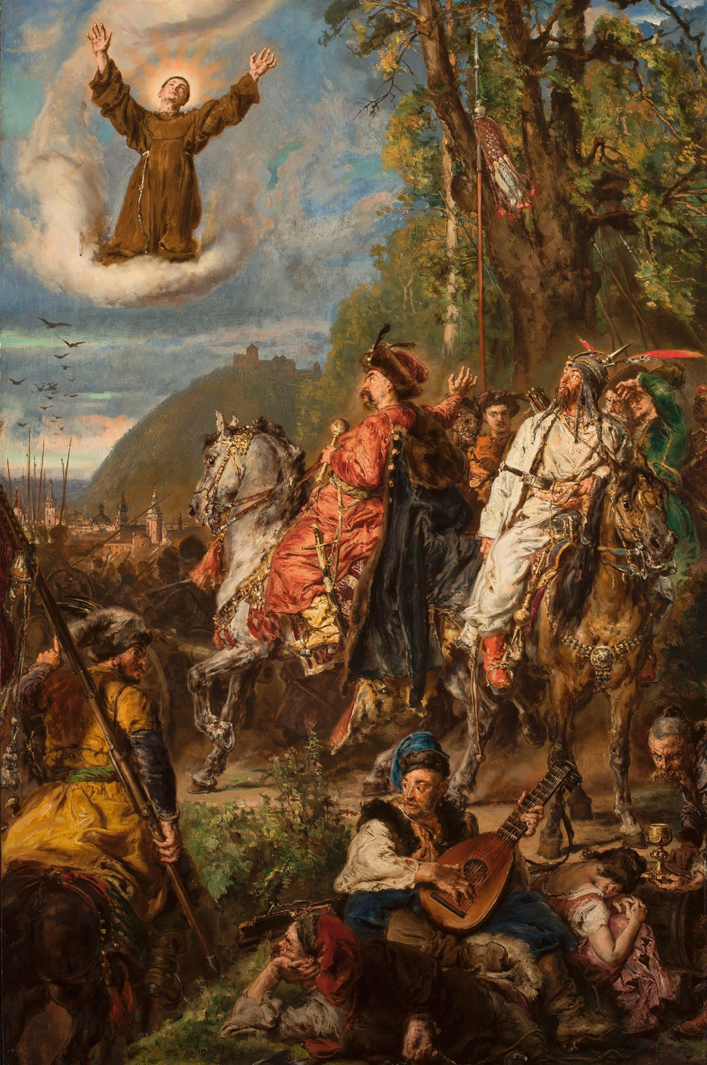 Pintura a óleo de Jan Matejko, "A Visão de São Francisco", mostrando São Francisco de Assis em êxtase numa nuvem, acima de uma cena de batalha com cavaleiros e soldados, com uma paisagem montanhosa ao fundo e um músico sentado em primeiro plano. A obra tem cores ricas e estilo dramático.