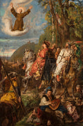 Pintura a óleo de Jan Matejko, "A Visão de São Francisco", mostrando São Francisco de Assis em êxtase numa nuvem, acima de uma cena de batalha com cavaleiros e soldados, com uma paisagem montanhosa ao fundo e um músico sentado em primeiro plano. A obra tem cores ricas e estilo dramático.