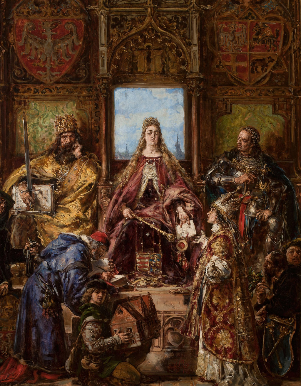 Pintura a óleo de Jan Matejko, 'A Homenagem Prussiana', mostrando uma cena histórica com figuras reais em vestes luxuosas e coroas, em um trono adornado com símbolos heráldicos.