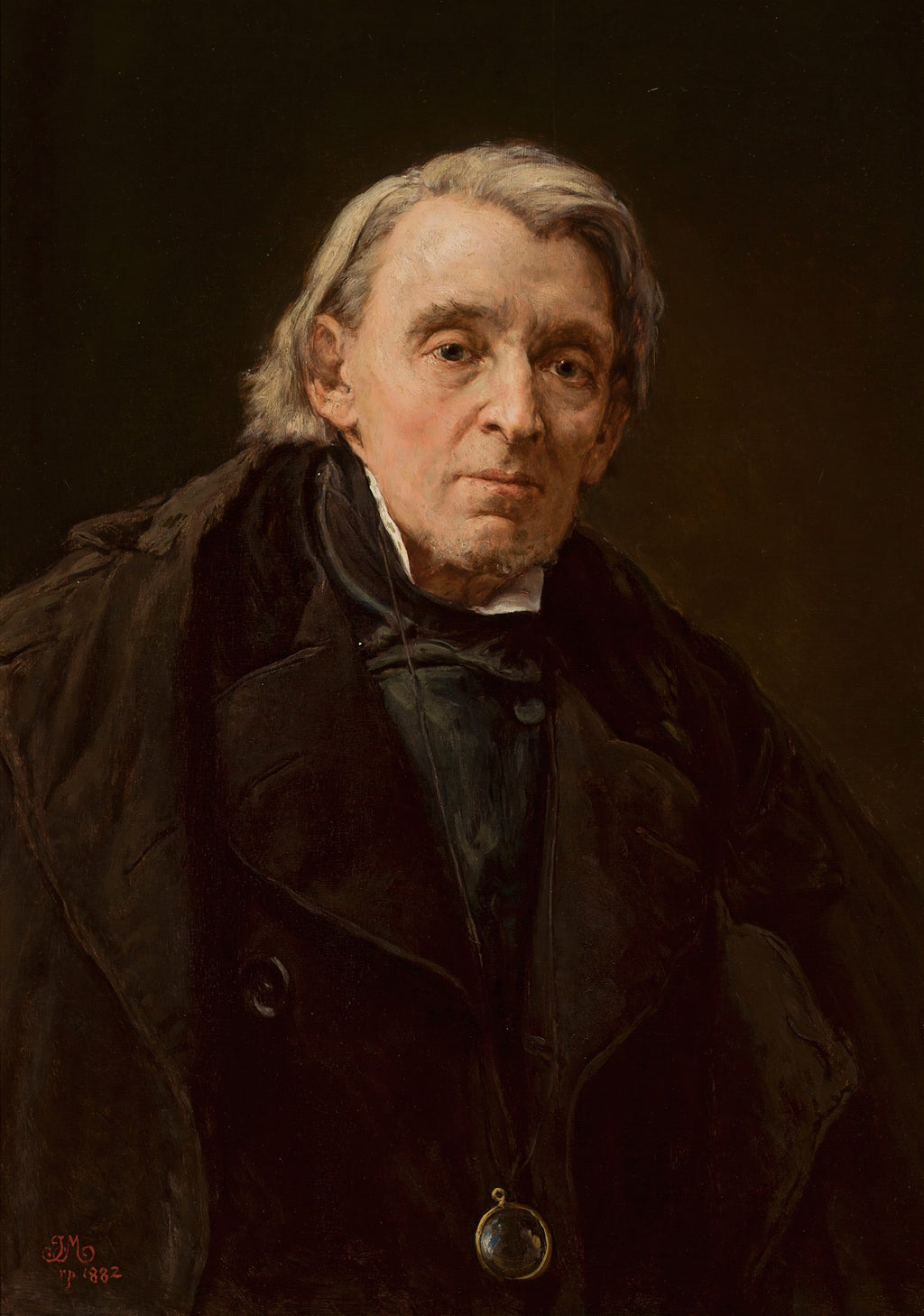 Retrato a óleo de um homem idoso com cabelos grisalhos e casaco escuro, olhar sério e digno, assinado por Jan Matejko em 1882.