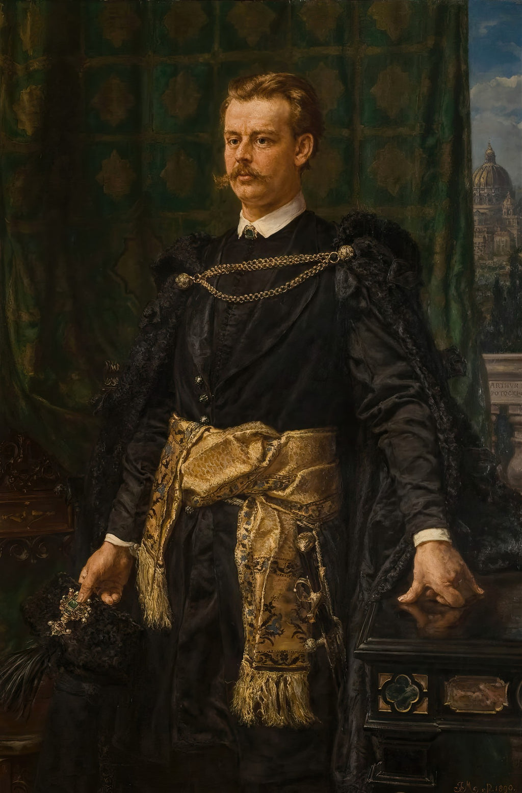 Retrato a óleo de um homem de bigodes e cavanhaque, vestindo roupas escuras e luxuosas com detalhes dourados, correntes e uma capa, em um fundo escuro com uma paisagem distante de uma cidade com uma cúpula.