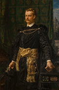 Retrato a óleo de um homem de bigodes e cavanhaque, vestindo roupas escuras e luxuosas com detalhes dourados, correntes e uma capa, em um fundo escuro com uma paisagem distante de uma cidade com uma cúpula.