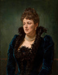 Retrato a óleo de uma senhora com cabelo castanho escuro, usando um vestido de veludo azul escuro com gola e detalhes em renda preta, e um colar de pérolas, sobre um fundo verde escuro. Assinado por Jan Matejko.
