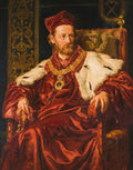 Retrato a óleo de um professor ou acadêmico em vestes vermelhas e colar dourado, sentado em uma cadeira ornamentada, com óculos e barba, olhando para o lado direito do observador.