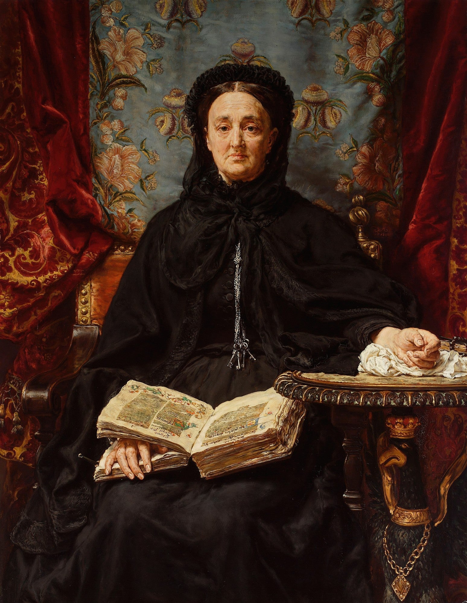 Retrato de uma senhora idosa, vestida de preto, sentada em uma poltrona com um livro aberto no colo, atribuído a Jan Matejko.