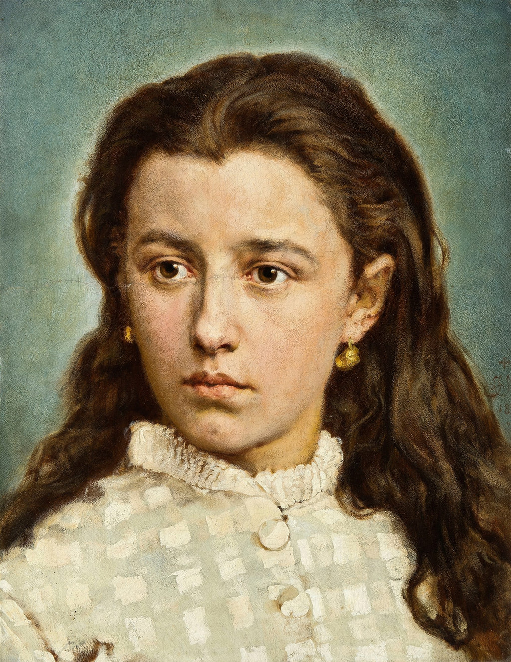 Retrato de uma jovem com cabelos castanhos ondulados e uma blusa branca de gola alta, com um olhar pensativo, atribuído a Jan Matejko.