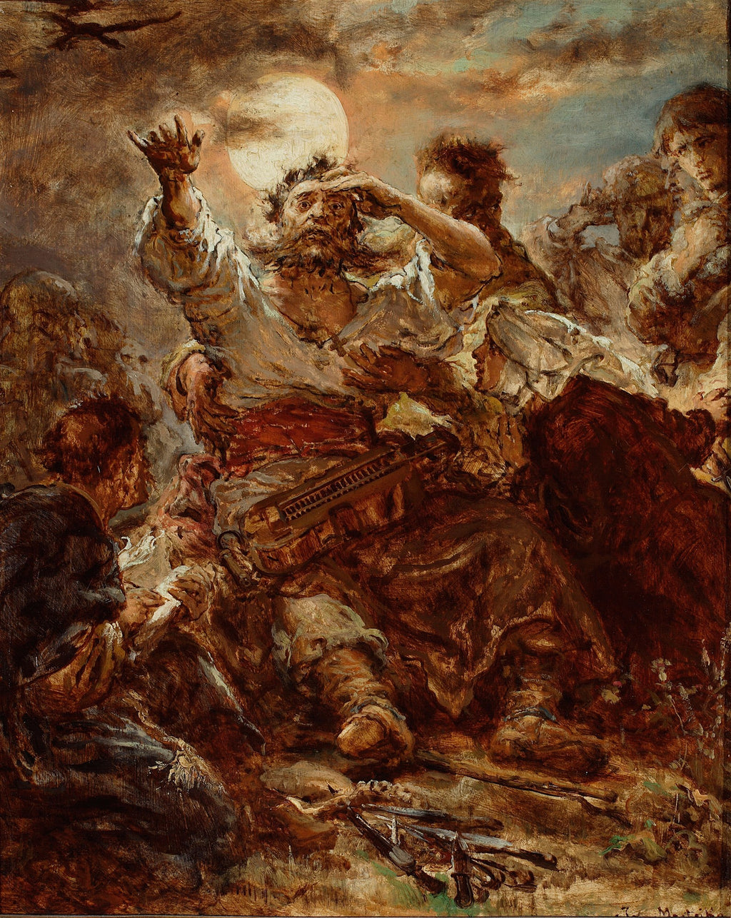 Pintura a óleo de Jan Matejko, 'O Cego com a Lira', retratando um homem cego de barba com uma lira em seu colo e mãos erguidas para uma luz no céu, rodeado por outras figuras em um estilo dramático e romântico, com tons terrosos e escuros.