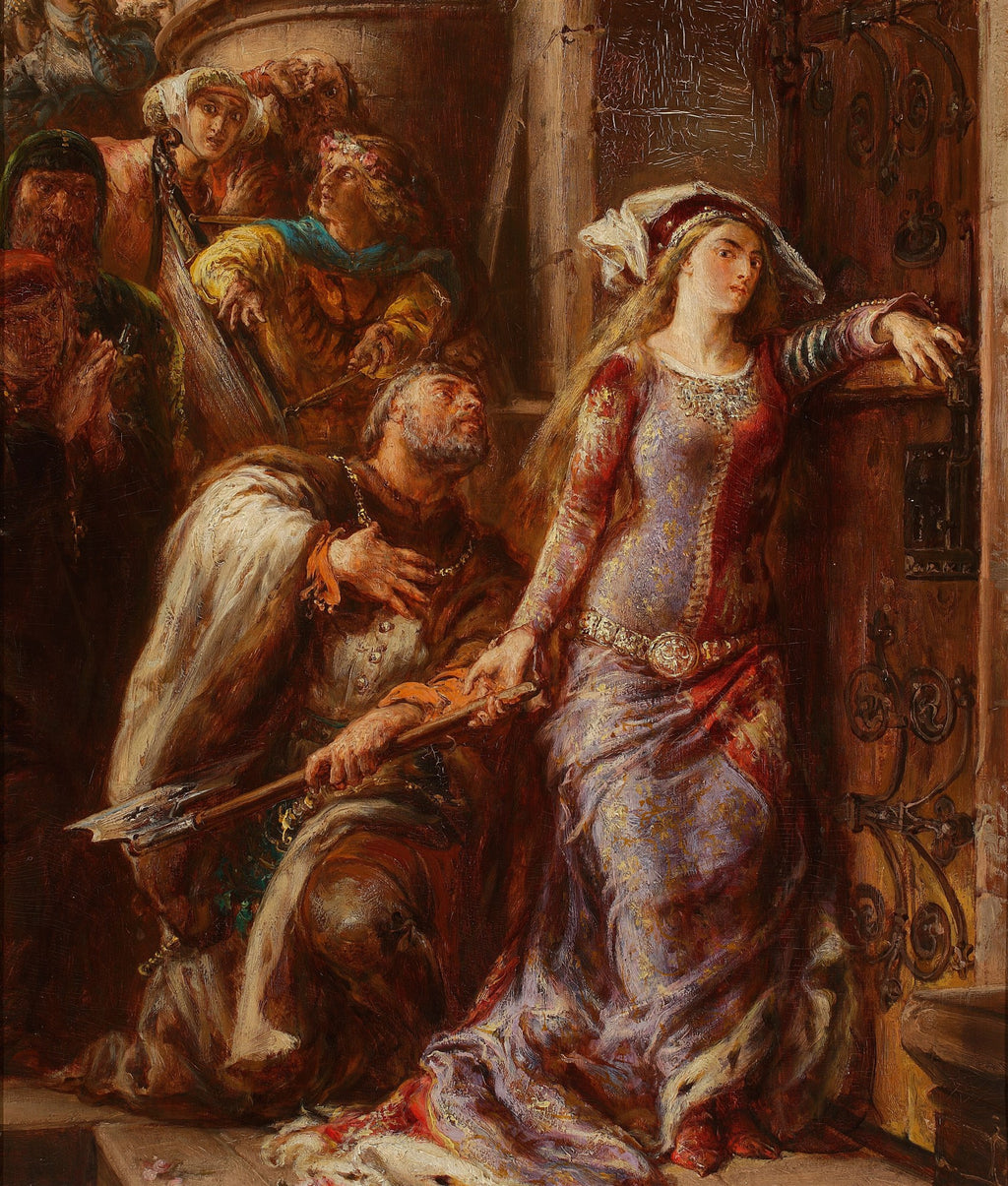 Quadro decorativo 'A Súplica' de Jan Matejko, mostrando uma mulher em vestes históricas com expressão altiva e um homem ajoelhado em súplica, com outras figuras ao fundo em um cenário dramático e escuro.