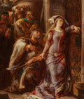Quadro decorativo 'A Súplica' de Jan Matejko, mostrando uma mulher em vestes históricas com expressão altiva e um homem ajoelhado em súplica, com outras figuras ao fundo em um cenário dramático e escuro.