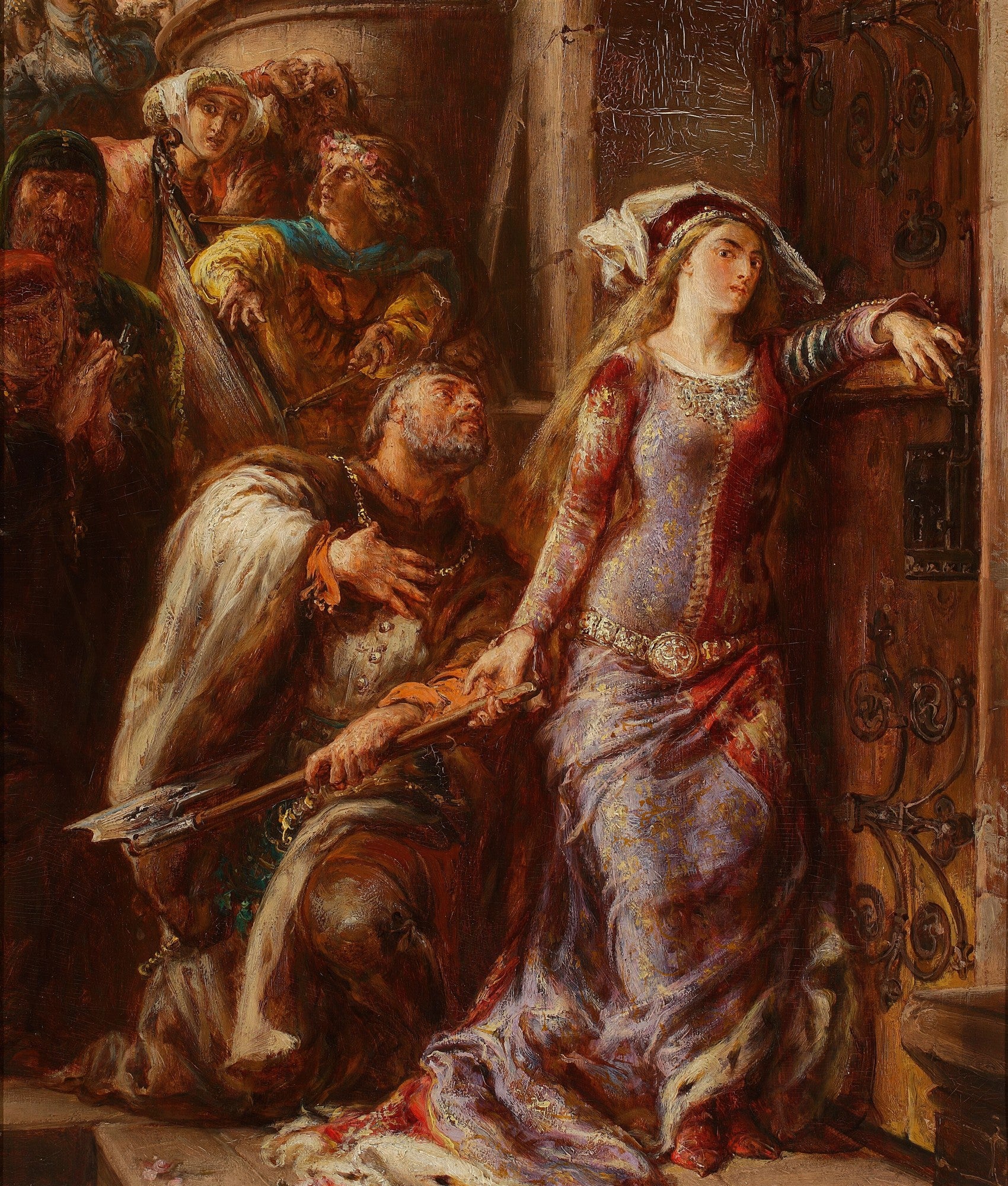 Quadro decorativo 'A Súplica' de Jan Matejko, mostrando uma mulher em vestes históricas com expressão altiva e um homem ajoelhado em súplica, com outras figuras ao fundo em um cenário dramático e escuro.