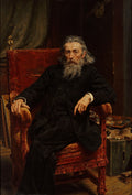 Quadro decorativo com retrato de um homem idoso com barba longa e grisalha, sentado em uma poltrona vermelha, obra de Jan Matejko.