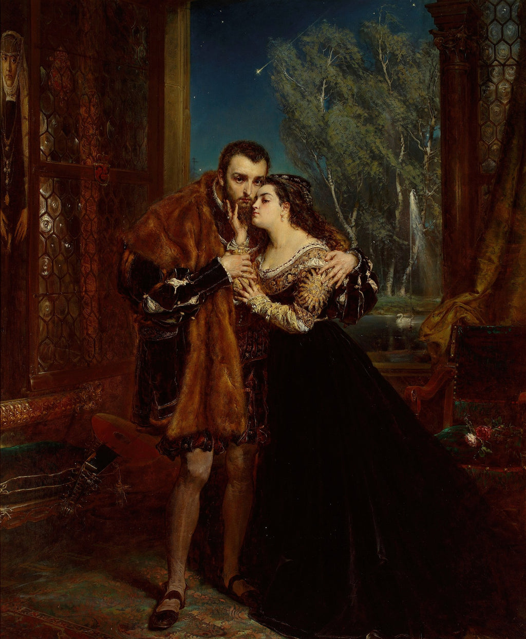 Casal de trajes renascentistas em cena noturna íntima, com um homem e uma mulher abraçados olhando para fora de uma janela, sob um céu estrelado com um cometa e árvores ao fundo. Quadro de Jan Matejko.