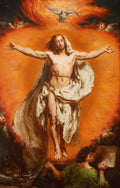 Pintura a óleo de Jan Matejko, 'A Ressurreição de Cristo', mostrando Jesus ascendendo ao céu em meio a uma luz laranja e dourada. Anjos e a pomba do Espírito Santo estão presentes, com figuras ajoelhadas abaixo.