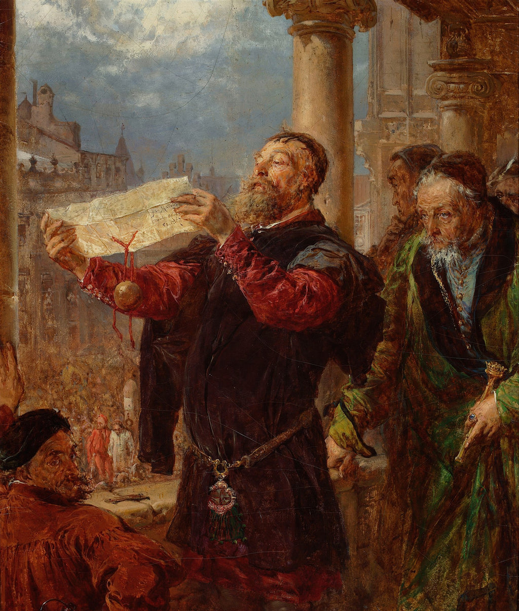 Detalhe de pintura de Jan Matejko, mostrando um homem barbudo lendo um pergaminho com expressao seria, em meio a outras figuras e arquitetura historica.