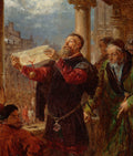 Detalhe de pintura de Jan Matejko, mostrando um homem barbudo lendo um pergaminho com expressao seria, em meio a outras figuras e arquitetura historica.