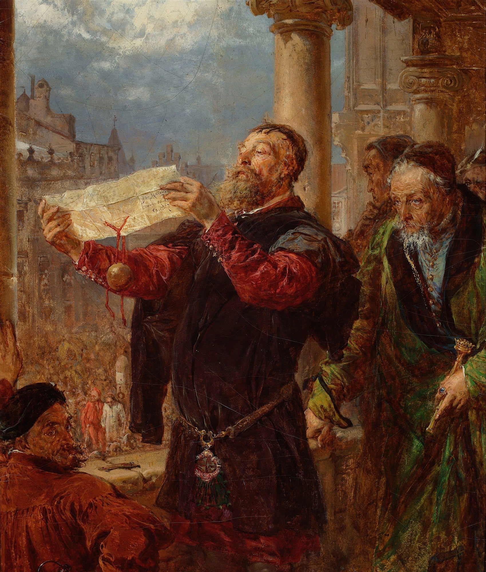 Detalhe de pintura de Jan Matejko, mostrando um homem barbudo lendo um pergaminho com expressao seria, em meio a outras figuras e arquitetura historica.