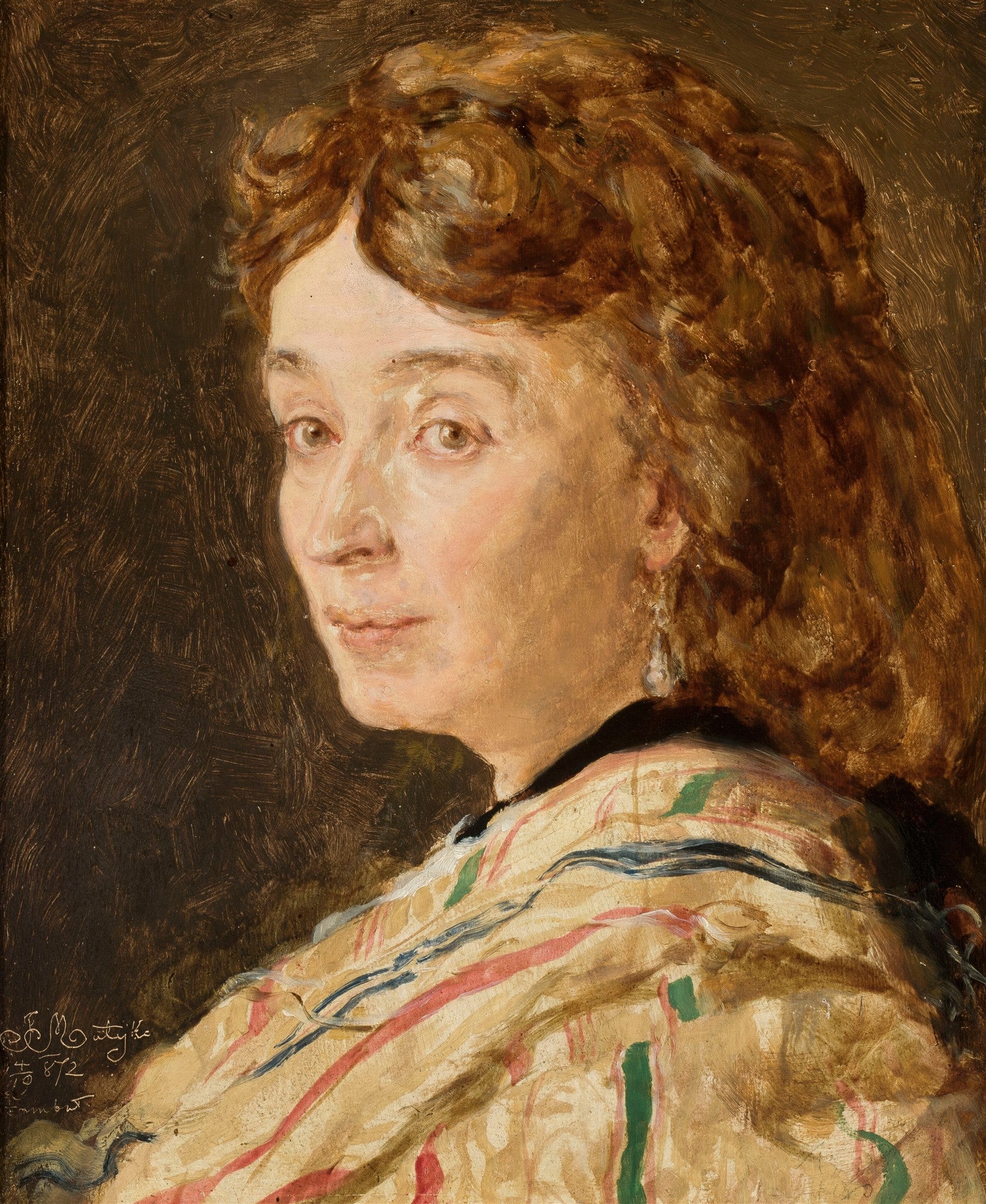 Retrato de mulher com cabelo castanho avermelhado e xale listrado, obra de Jan Matejko, com olhar gentil e fundo escuro.