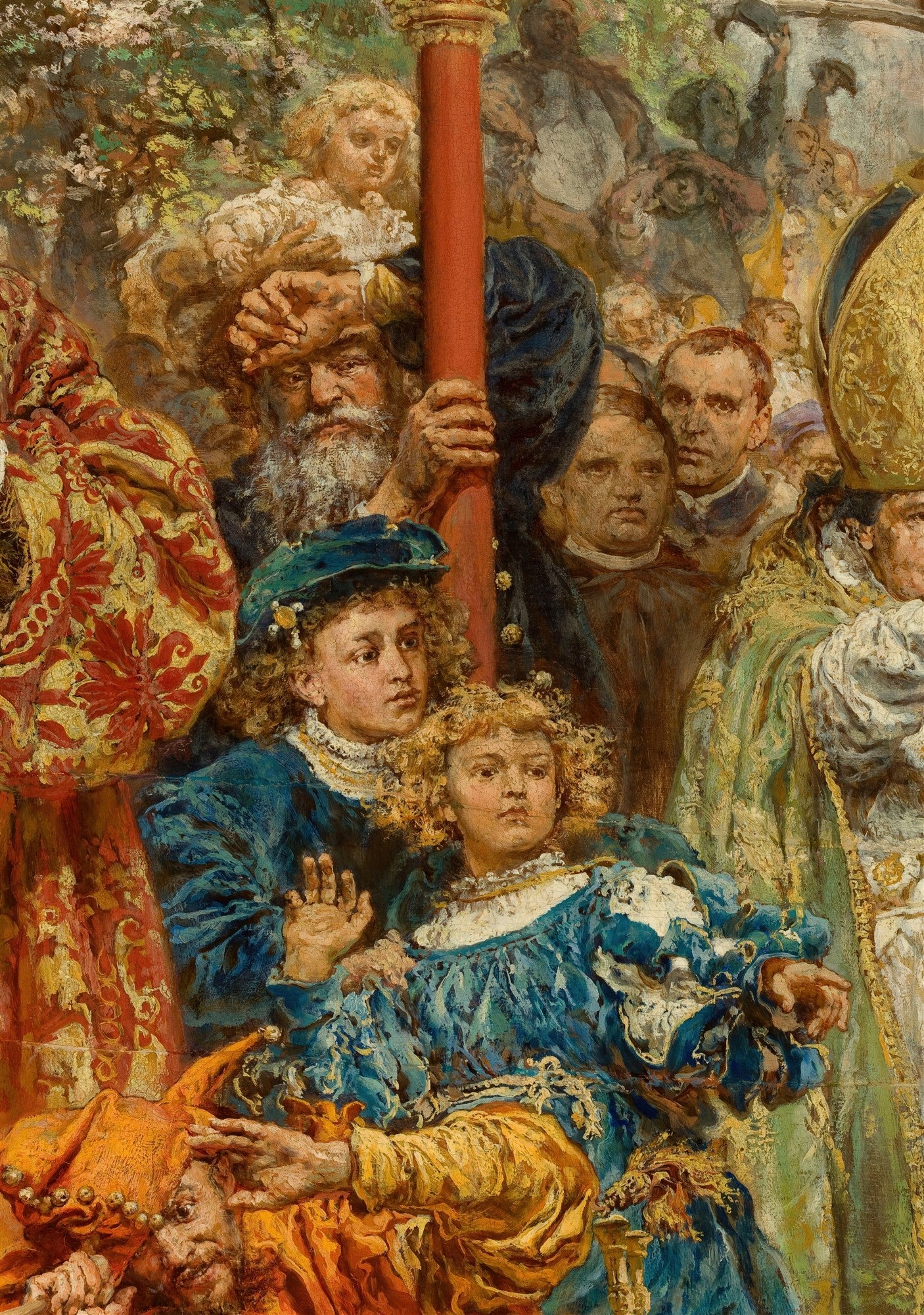 Detalhe de uma pintura histórica de Jan Matejko, mostrando rostos expressivos de personagens em roupas suntuosas, incluindo crianças e um homem barbudo, com cores vibrantes e texturas ricas.
