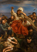 Quadro decorativo 'Wernyhora' de Jan Matejko, representando um profeta barbudo em êxtase, cercado por figuras dramáticas sob a luz da lua cheia e morcegos, com um garoto e um monge em primeiro plano. Obra em estilo realista com elementos românticos, rica em detalhes e expressões.