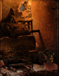 Pintura a óleo escura e dramática, atribuída a Jan Matejko, retratando uma criança com o rosto iluminado por uma vela, espiando através de uma fresta em uma parede de tijolos. O ambiente é sombrio, com texturas ásperas e objetos indistintos no primeiro plano, sugerindo um cenário de ruínas ou pobreza, com a luz da vela sendo o foco principal e um pedaço de céu azul visível na fresta.