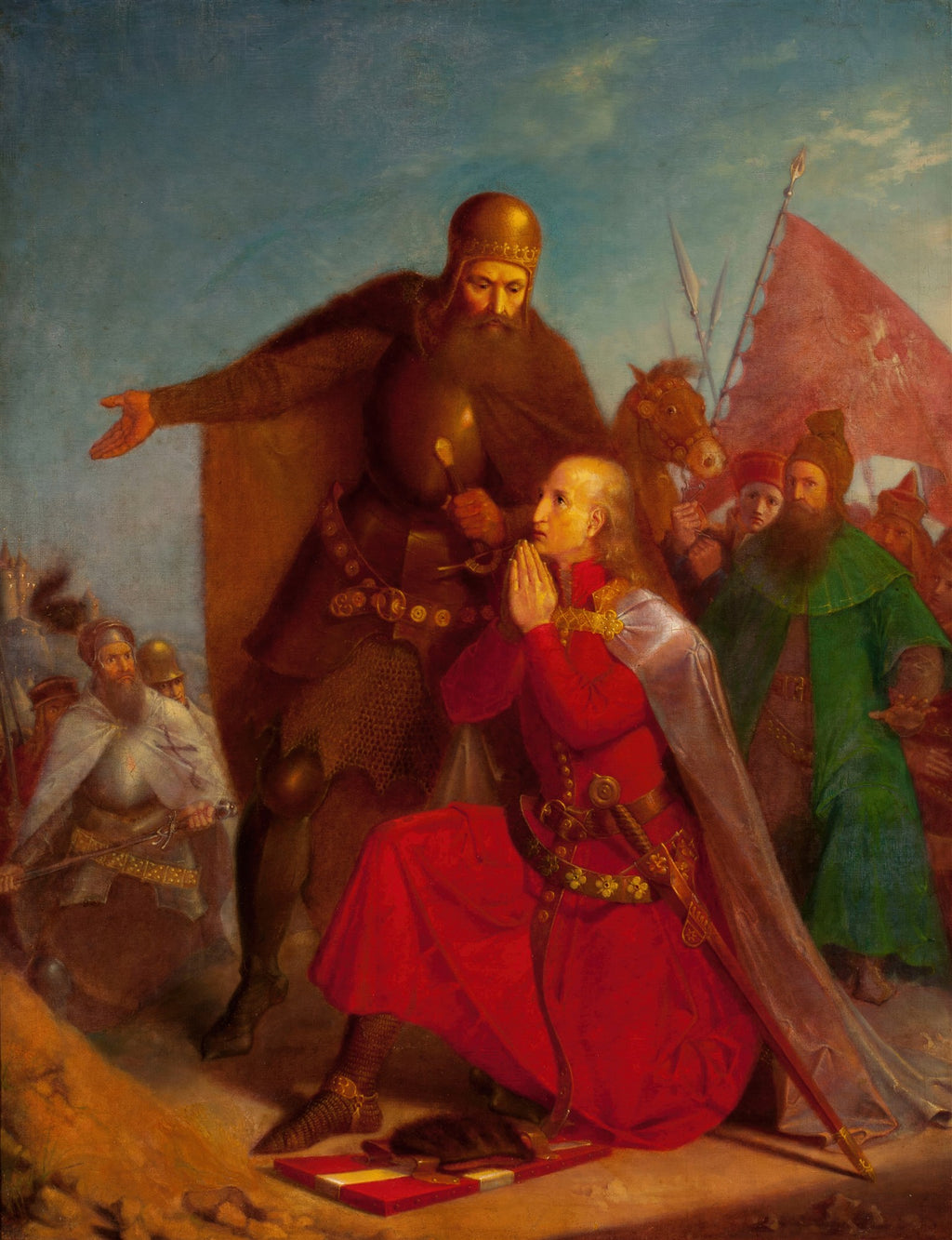 Pintura histórica de Jan Matejko, 'A Oferta de Coroa a Przemysł II', mostrando um homem em vestes vermelhas ajoelhado diante de um guerreiro barbudo, com outras figuras ao fundo em uma cena de campo de batalha.