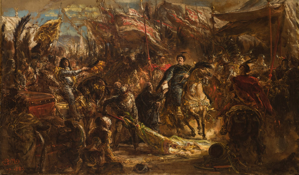 Obra de arte histórica de Jan Matejko, um estudo para a Batalha de Grunwald, mostrando uma cena de combate caótica com muitos cavaleiros, bandeiras e figuras em trajes medievais, em tons de marrom, vermelho e dourado. A cena é densa e dramática.