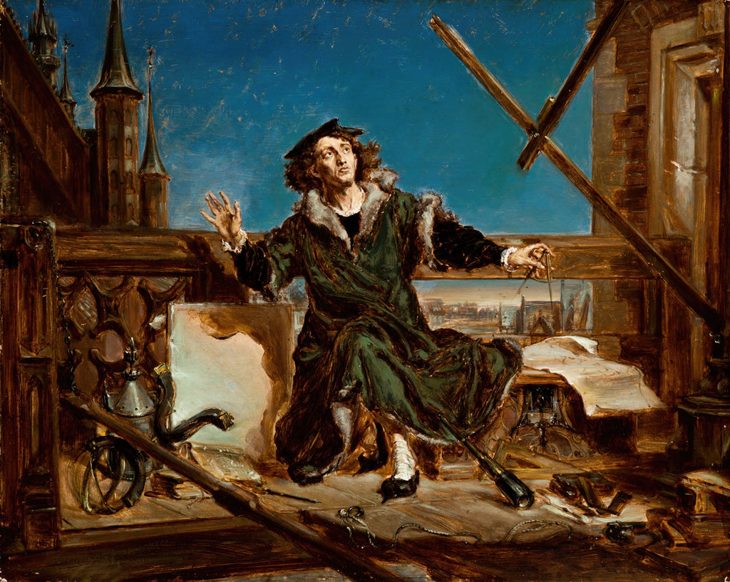 Pintura a óleo de Jan Matejko mostrando Nicolau Copérnico em um observatório, olhando para o céu noturno com um compasso na mão, cercado por instrumentos astronômicos e torres góticas ao fundo, sob um céu azul escuro.