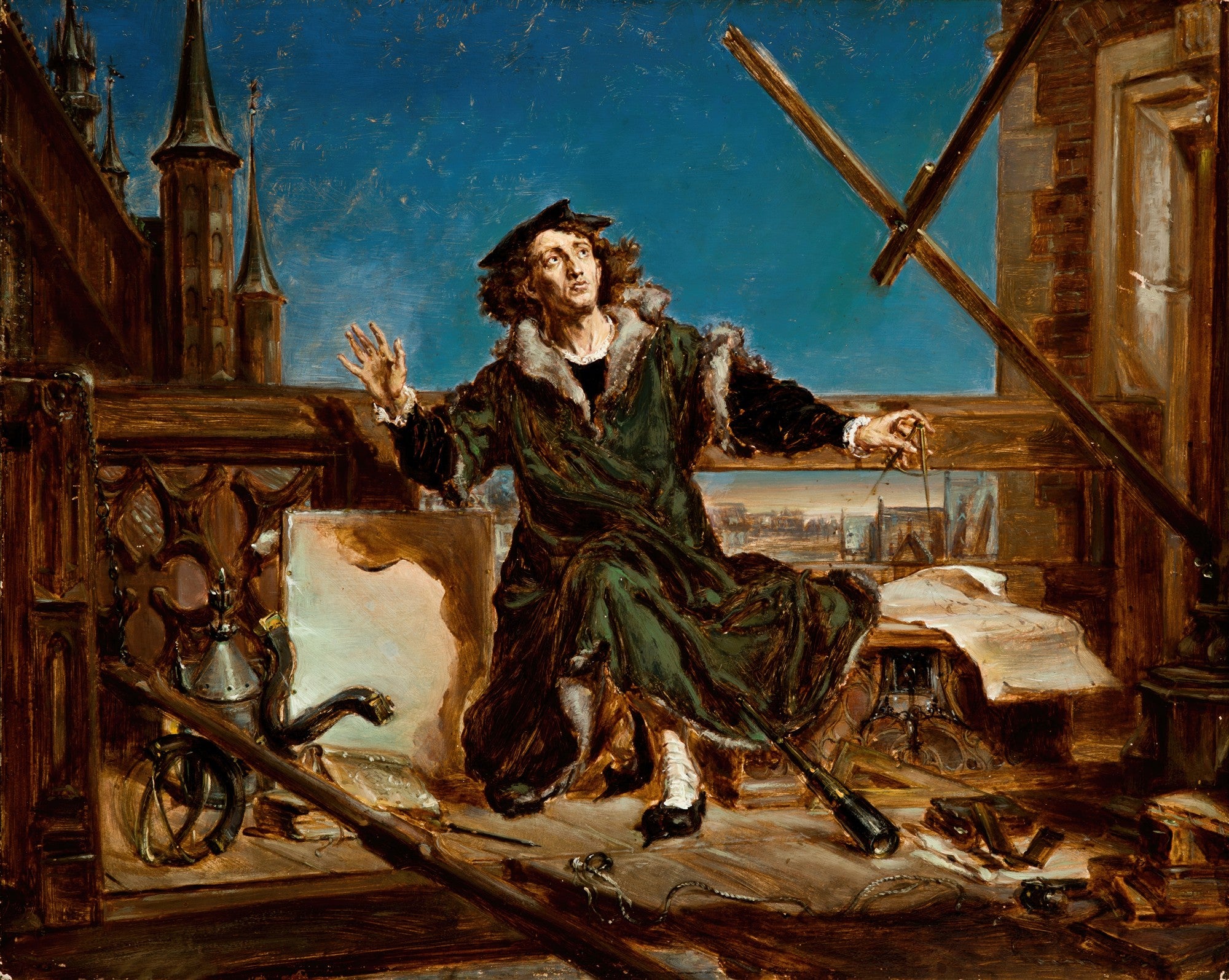 Pintura a óleo de Jan Matejko mostrando Nicolau Copérnico em um observatório, olhando para o céu noturno com um compasso na mão, cercado por instrumentos astronômicos e torres góticas ao fundo, sob um céu azul escuro.
