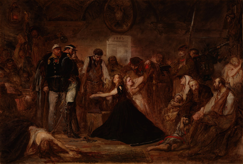 Quadro decorativo 'A Prisão de Piotr Wysocki' de Jan Matejko, retratando uma cena sombria e dramática com múltiplos personagens, incluindo soldados e civis, em uma atmosfera de opressão e desespero, com uma mulher de vestido escuro no centro da composição.