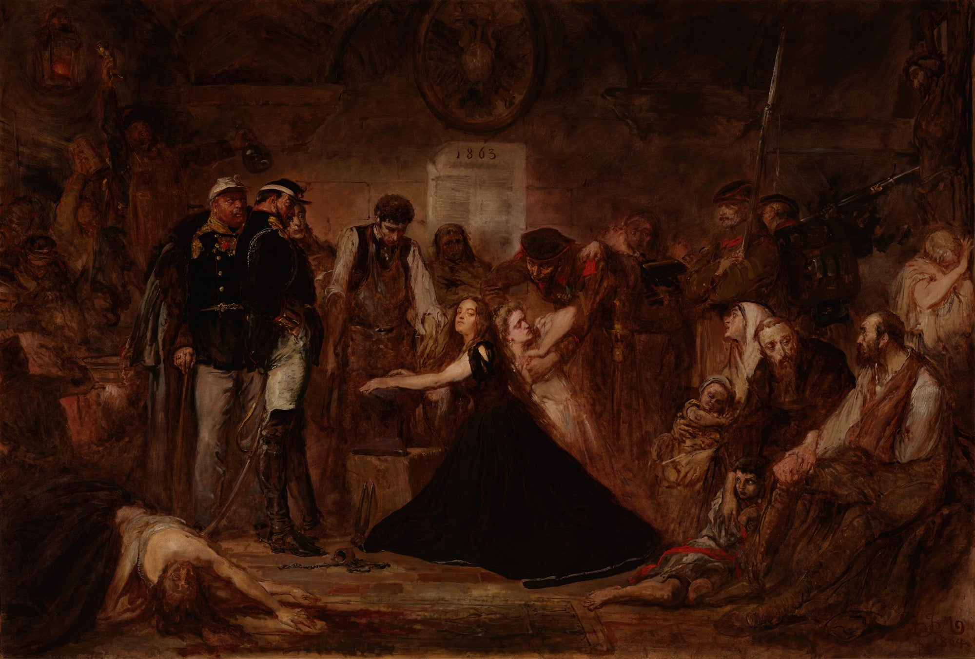 Quadro decorativo 'A Prisão de Piotr Wysocki' de Jan Matejko, retratando uma cena sombria e dramática com múltiplos personagens, incluindo soldados e civis, em uma atmosfera de opressão e desespero, com uma mulher de vestido escuro no centro da composição.