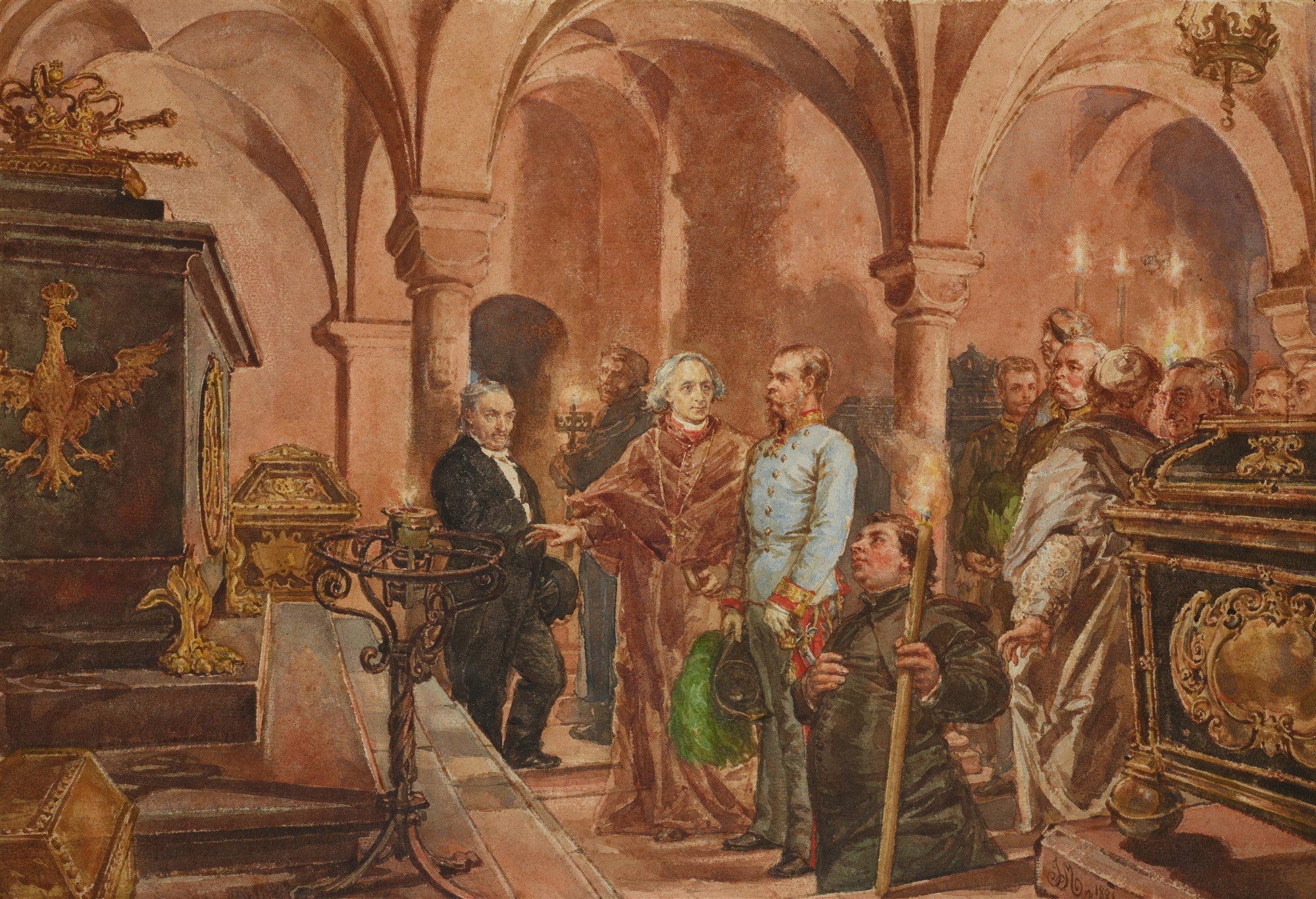 Pintura de Jan Matejko mostrando figuras históricas em uma cripta ou câmara abobadada, com velas e tochas iluminando a cena e objetos dourados ao redor.