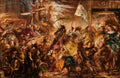 Pintura a óleo dramática e dinâmica de Jan Matejko retratando a Batalha de Grunwald, com muitos cavaleiros e soldados em combate, anjos celestiais acima da cena, em tons quentes de marrom, dourado e vermelho.