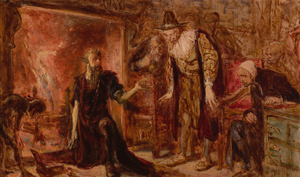Pintura a óleo de Jan Matejko mostrando uma cena histórica com figuras em trajes de época, tons terrosos e avermelhados, e expressão dramática.