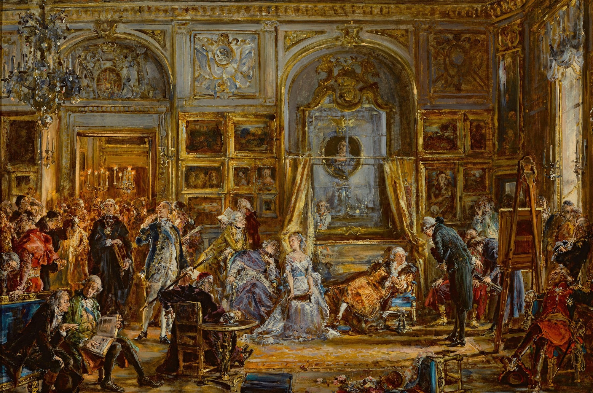 Uma pintura a óleo detalhada de um grande salão barroco, repleto de figuras vestidas com trajes de época, reunidas em torno de um artista e seu cavalete. A cena é iluminada por uma luz dourada, destacando a ornamentação luxuosa do ambiente e as expressões dos personagens.