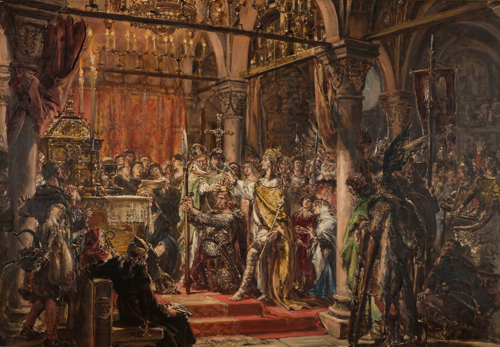 Pintura histórica a óleo de Jan Matejko, "A Coroação de Ladislau I", representando uma cerimônia real com várias figuras em um interior de igreja, com o monarca sendo coroado e um bispo presente, em tons terrosos e dourados.