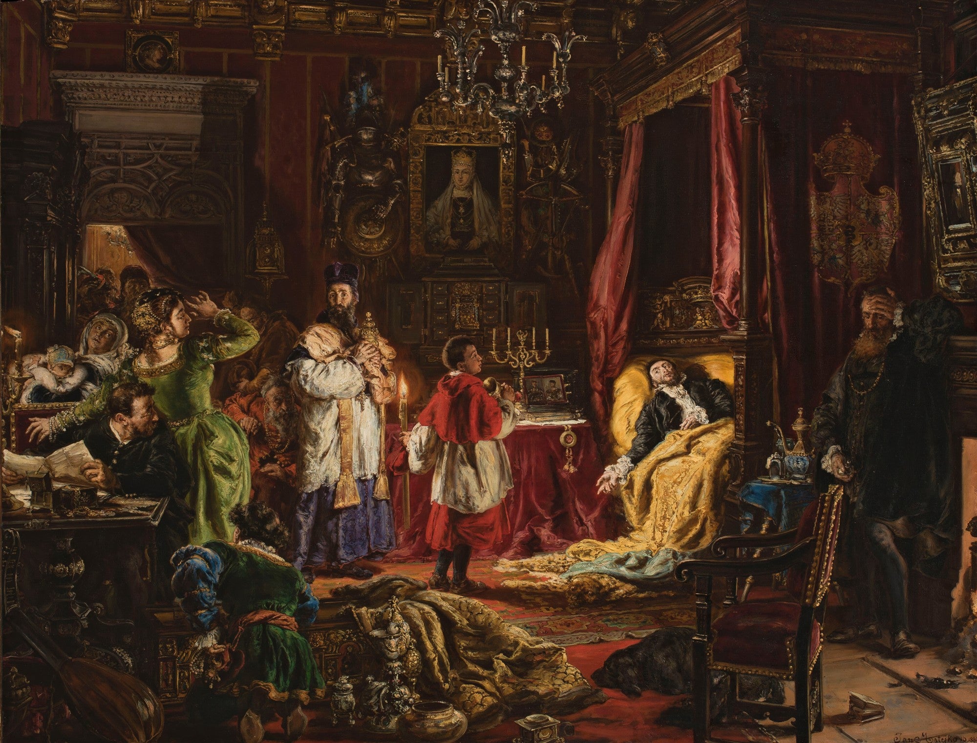 Pintura a óleo de Jan Matejko, 'A Morte de Zygmunt August', retratando uma cena dramática em um quarto real com muitas figuras lamentando a morte de um rei na cama. Cores escuras e ricas dominam, com detalhes intrincados de vestimentas e mobiliário barroco.