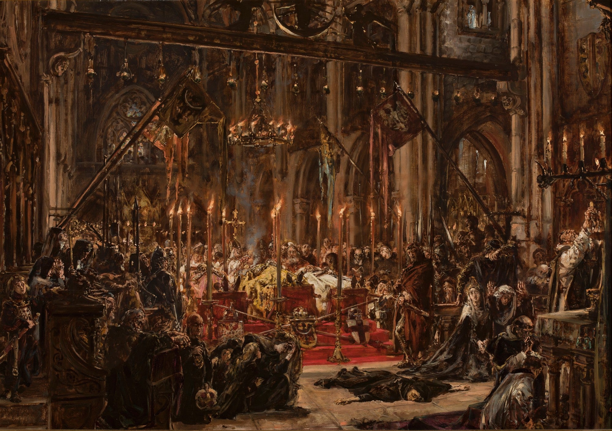 Pintura a óleo de Jan Matejko, 'A Morte de Przemysl II', retratando uma cena dramática e solene de luto em uma igreja gótica, com muitas figuras vestidas em trajes históricos ao redor de um caixão, iluminadas por velas, com estandartes e arquitetura detalhada ao fundo.