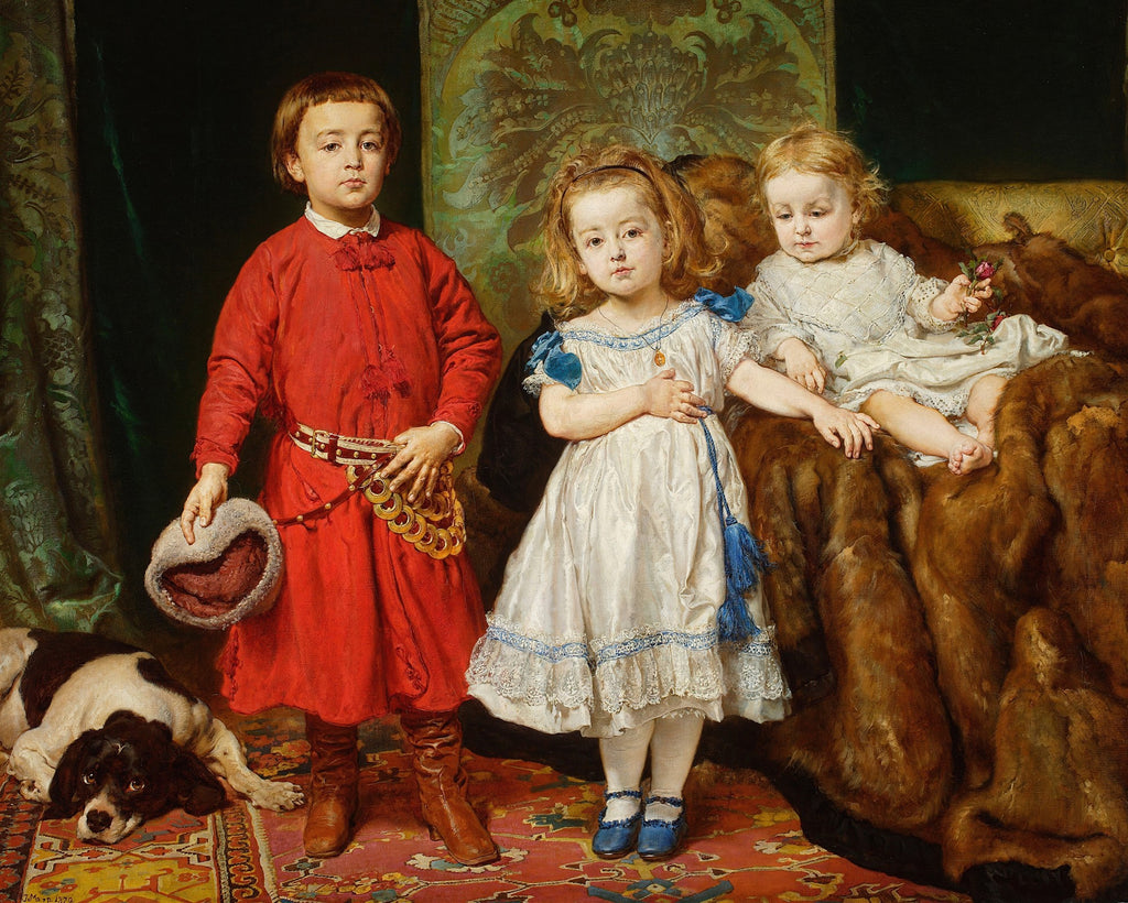 Retrato de três crianças pequenas e um cachorro, em estilo clássico, obra 'Os Filhos do Artista' de Jan Matejko. Um menino de vermelho à esquerda, duas meninas de branco à direita e um cão marrom e branco no chão.