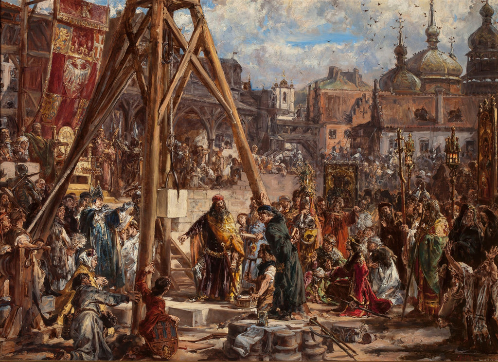 Quadro histórico polonês de Jan Matejko, 'A Ereção do Sino Zygmunt', mostrando uma multidão em uma praça com um guindaste de madeira, erguendo um sino gigante, com edifícios medievais ao fundo.