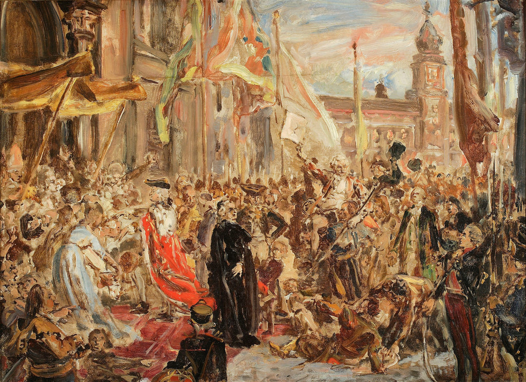 Pintura a óleo de Jan Matejko retratando uma grande multidão em uma cena histórica em praça pública, com edifícios e bandeiras ao fundo, em tons de marrom, ocre e vermelho.