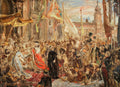 Pintura a óleo de Jan Matejko retratando uma grande multidão em uma cena histórica em praça pública, com edifícios e bandeiras ao fundo, em tons de marrom, ocre e vermelho.
