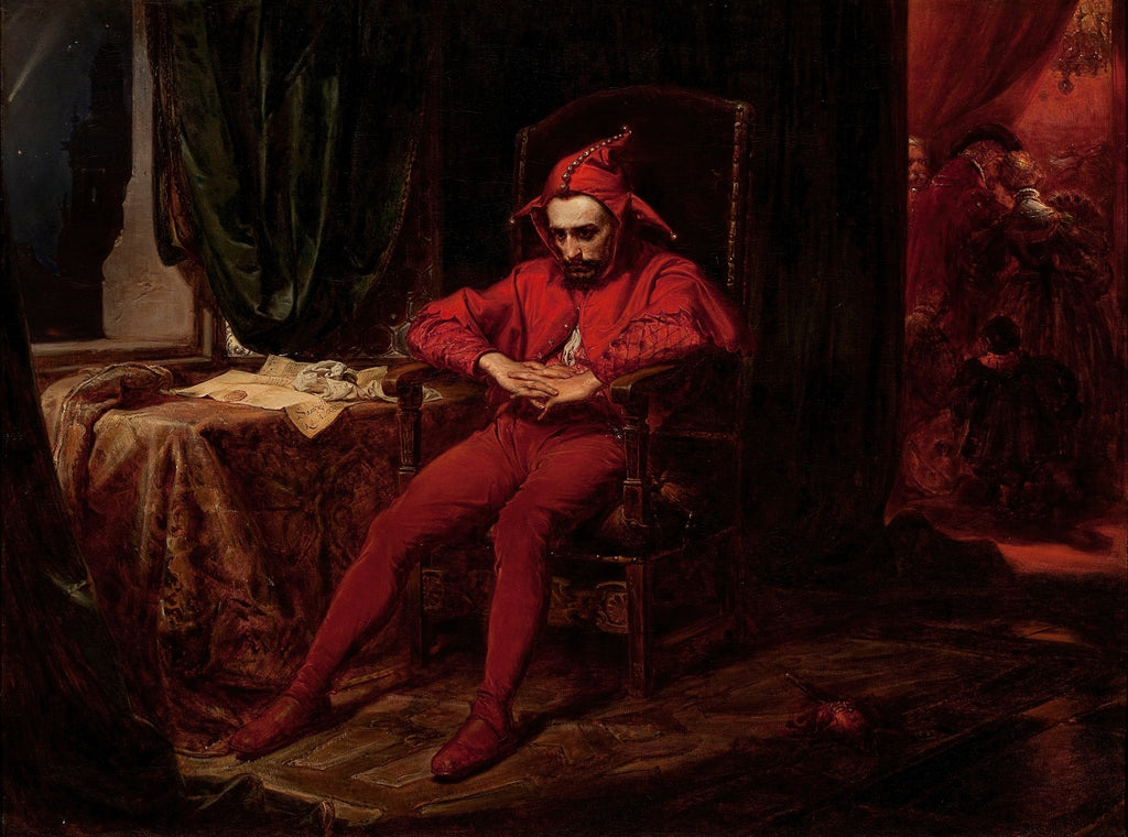 Pintura a óleo de Jan Matejko mostrando o bobo da corte Stańczyk em vestes vermelhas, sentado pensativo em uma cadeira, com o rosto melancólico e as mãos entrelaçadas. Ao fundo, uma janela à esquerda e uma cena festiva à direita em tons escuros e avermelhados.