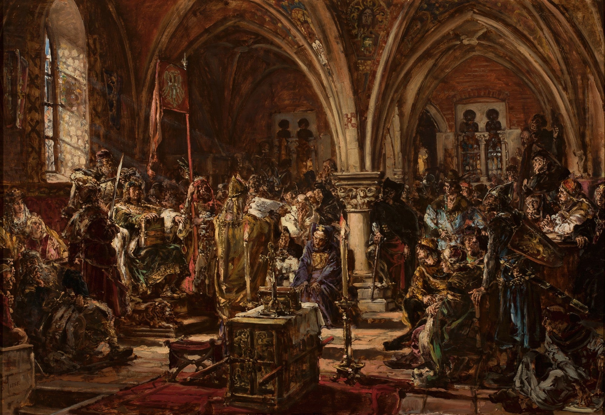 Pintura de Jan Matejko retratando uma cena histórica em um salão gótico, com muitas figuras em trajes de época e luz dramática de uma janela vitral.